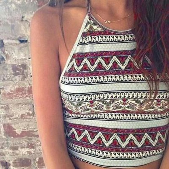 Tops - Stretchy Boho Zig Zag Halter Crop Top O/S